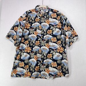 Vintage Campia Moda Shirt Men XXL Black Hawaiian Boat Ocean Cotton Aloha Floral
